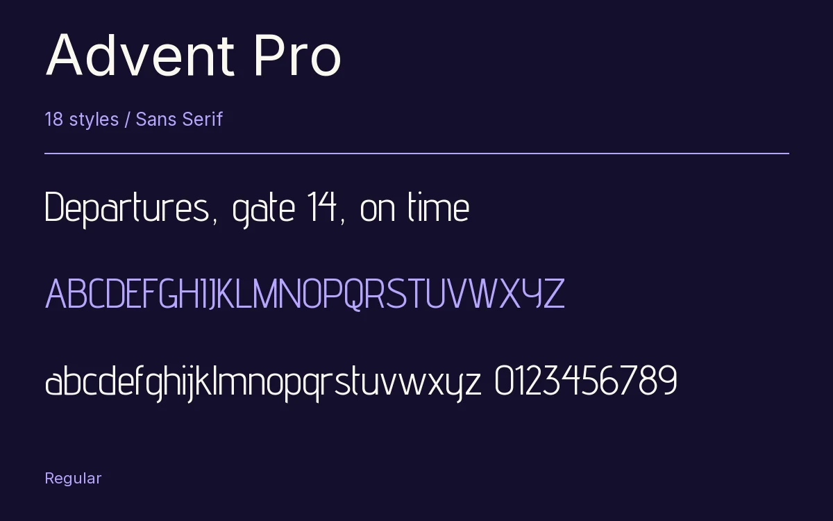 Advent Pro type specimen with letters and figures