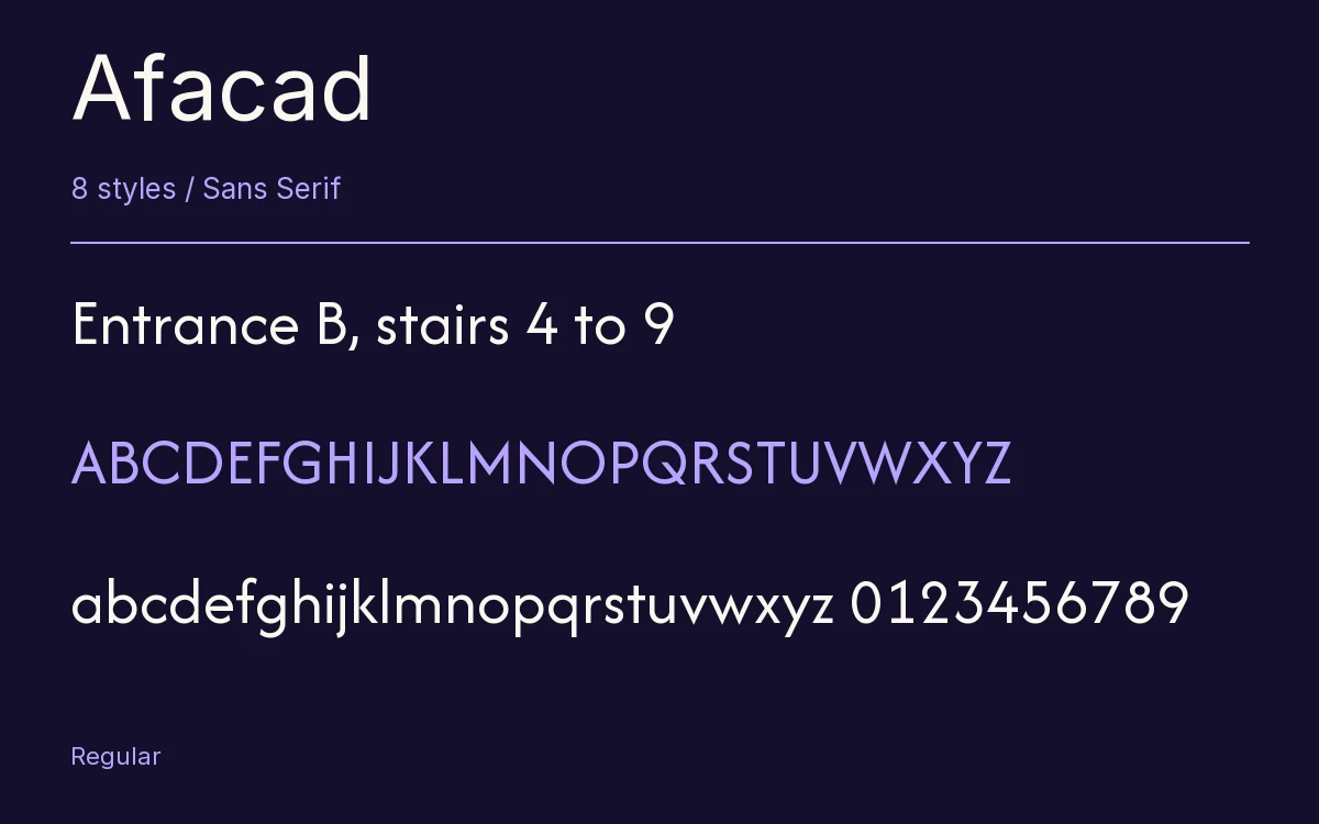 Afacad type specimen with letters and figures
