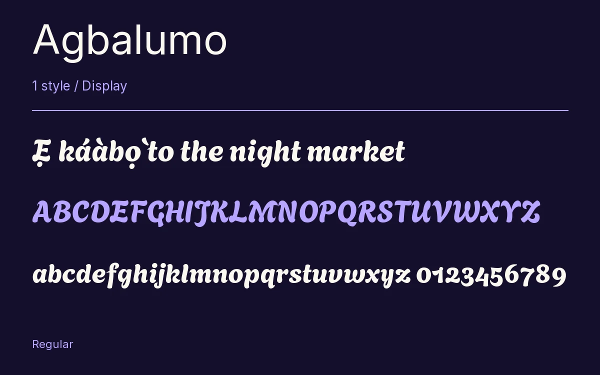 Agbalumo type specimen with letters and figures
