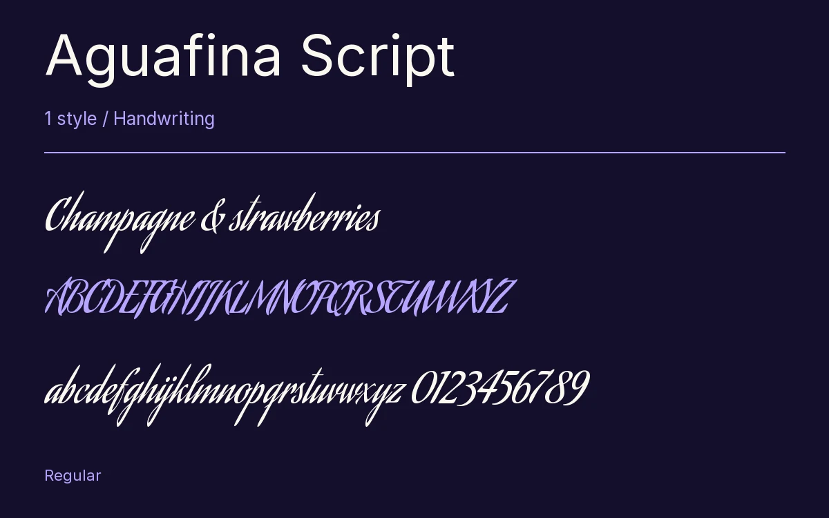 Aguafina Script type specimen with letters and figures