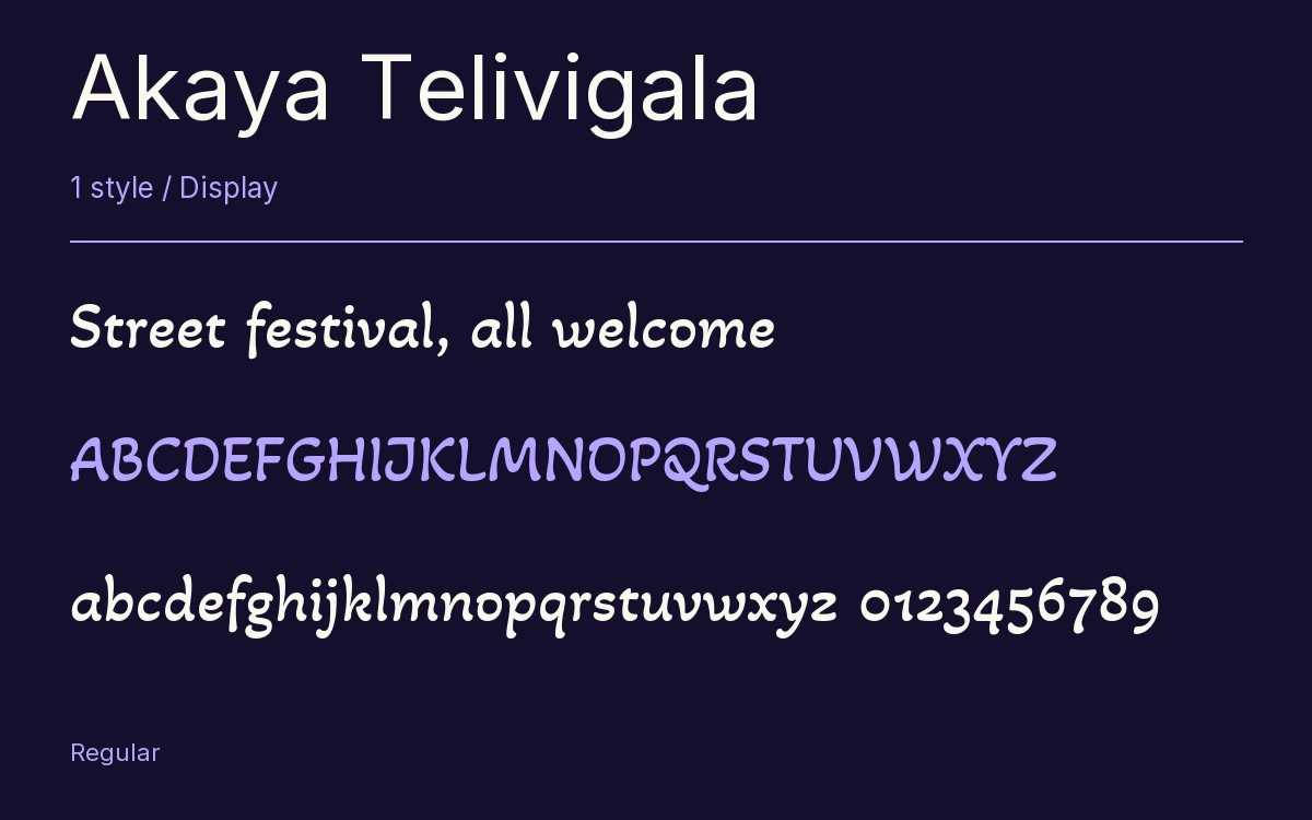 Akaya Telivigala type specimen with letters and figures