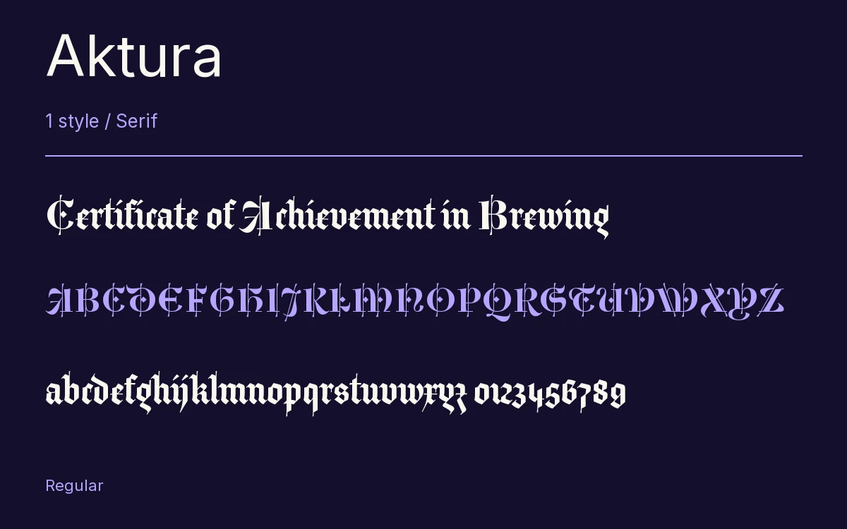 Aktura type specimen with letters and figures