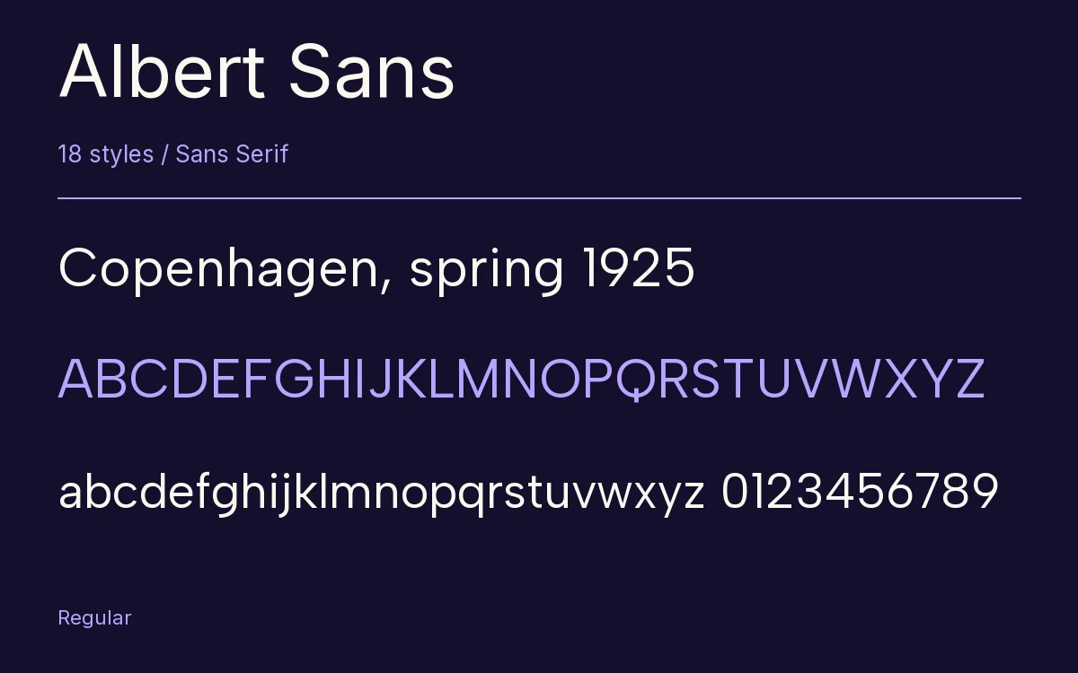 Albert Sans type specimen with letters and figures