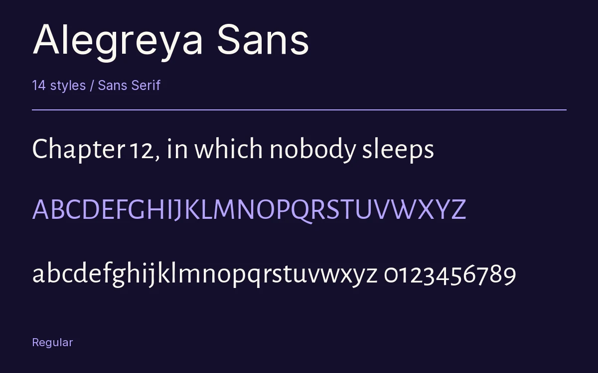 Alegreya Sans type specimen with letters and figures