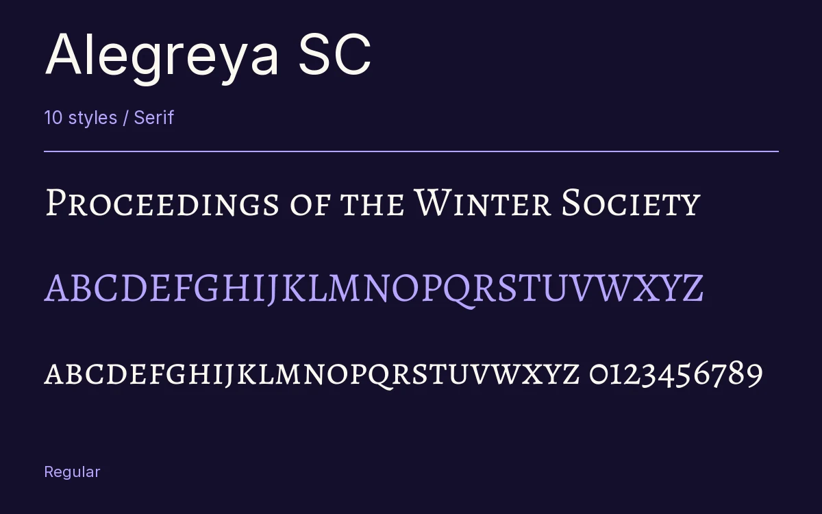 Alegreya SC type specimen with letters and figures