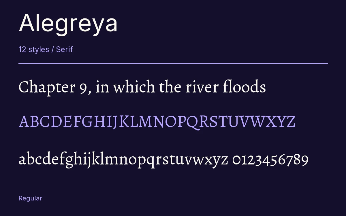 Alegreya type specimen with letters and figures