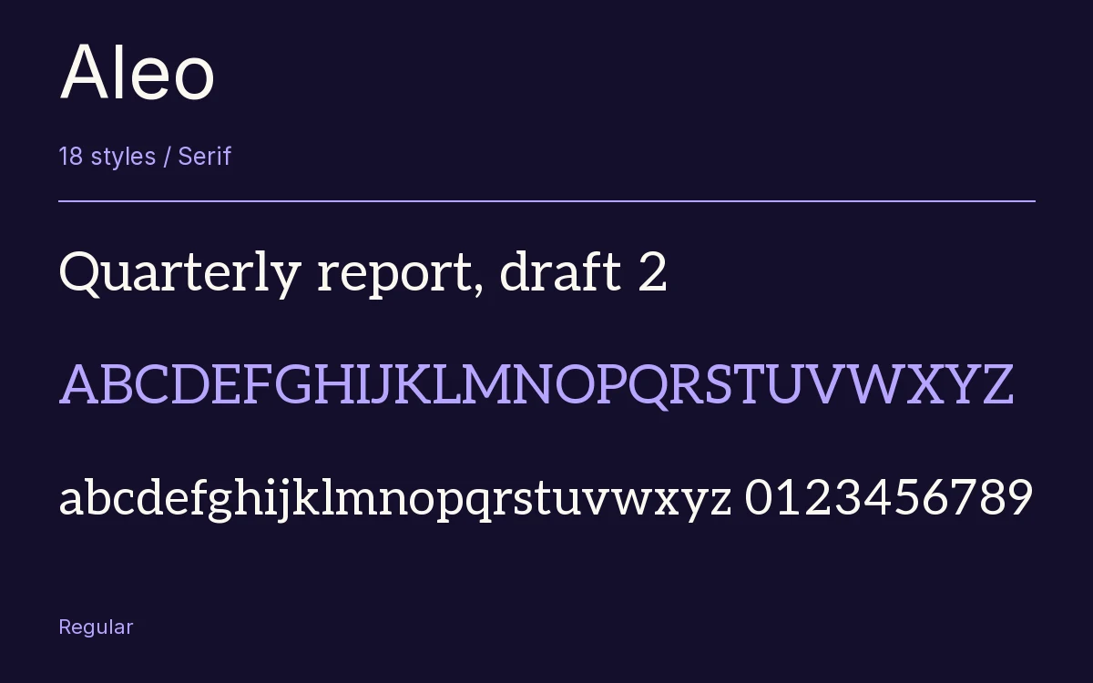 Aleo type specimen with letters and figures