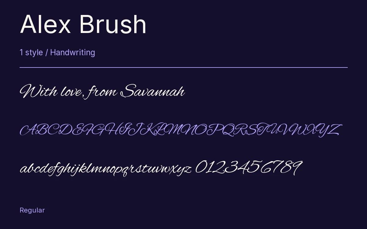Alex Brush type specimen with letters and figures