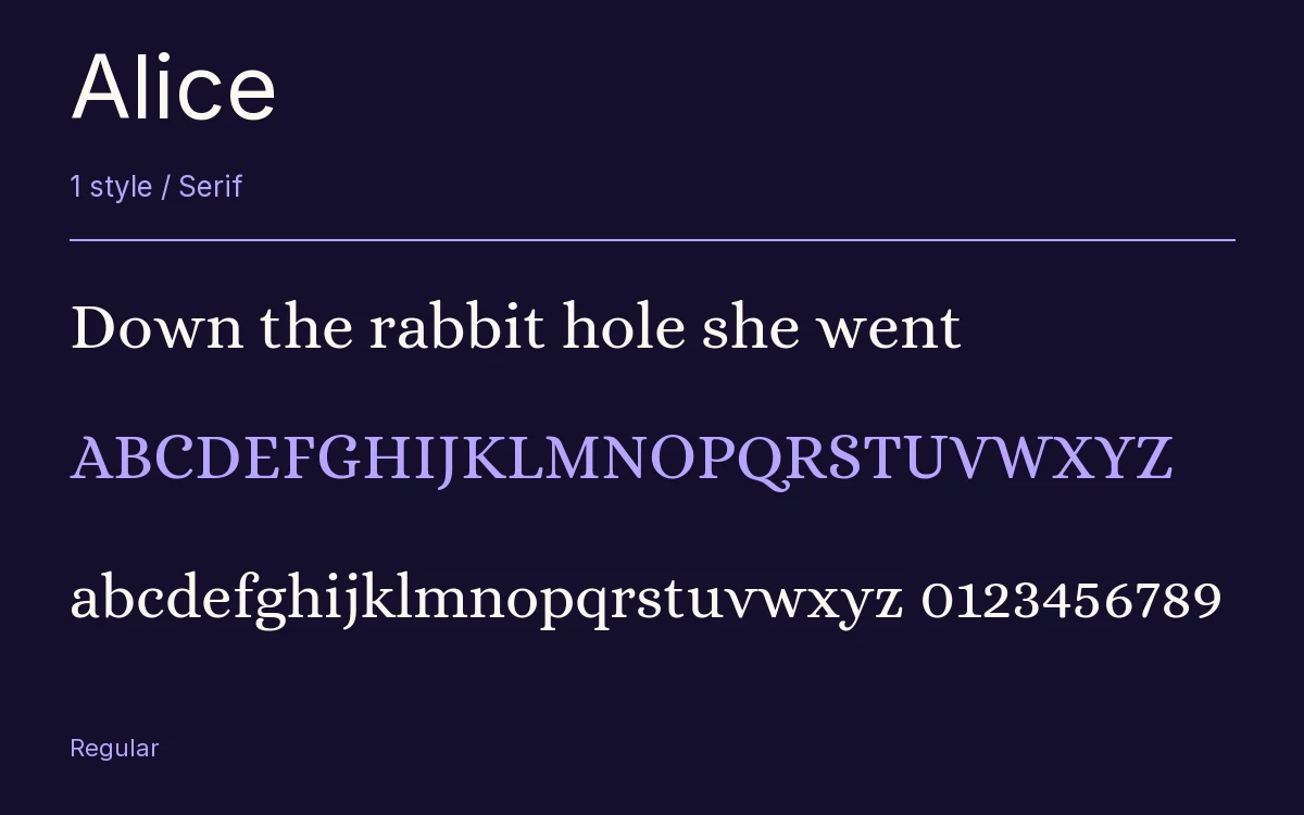 Alice type specimen with letters and figures