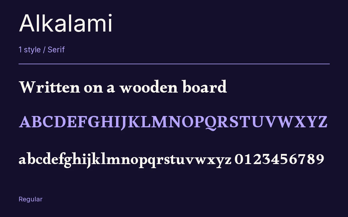 Alkalami type specimen with letters and figures