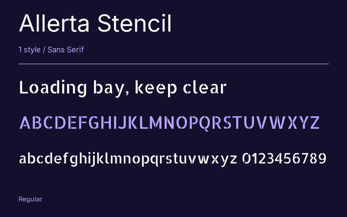 Allerta Stencil type specimen with letters and figures
