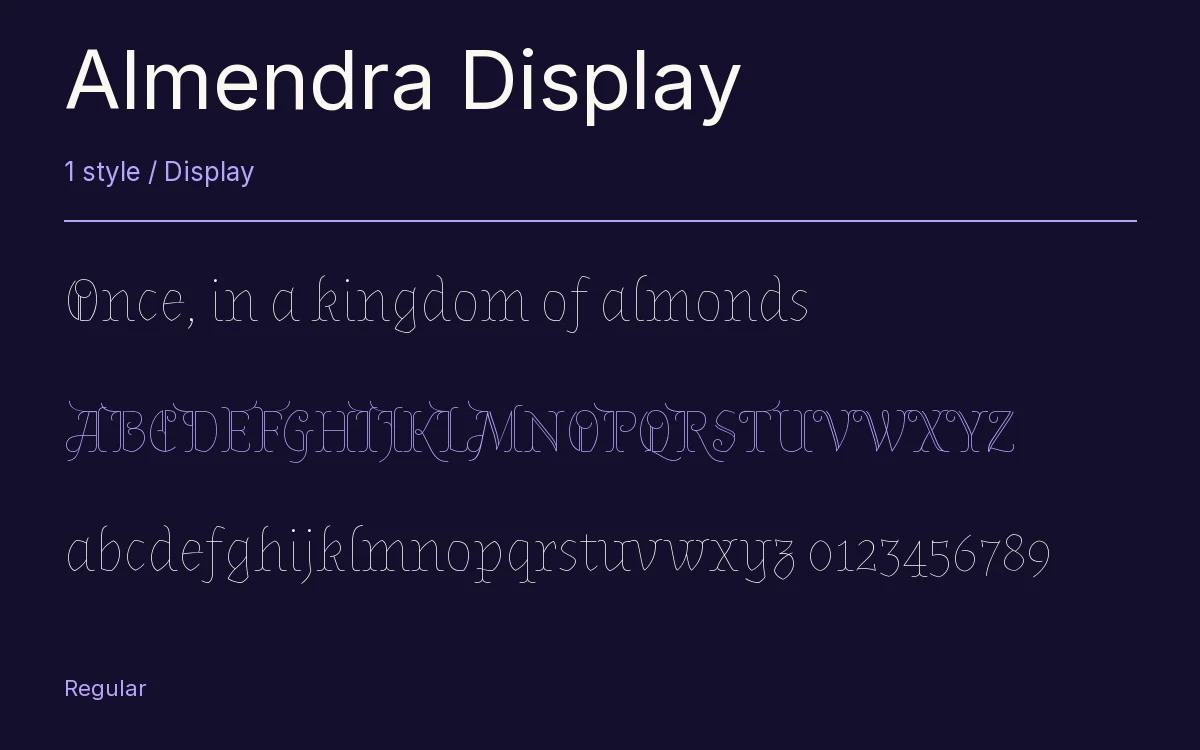 Almendra Display type specimen with letters and figures