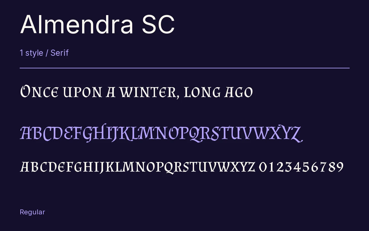 Almendra SC type specimen with letters and figures