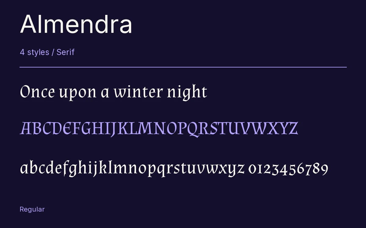 Almendra type specimen with letters and figures