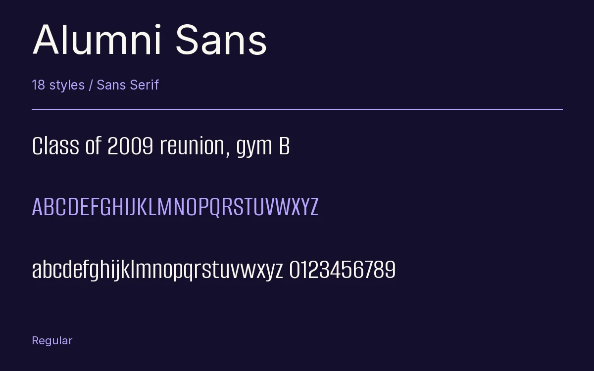 Alumni Sans type specimen with letters and figures