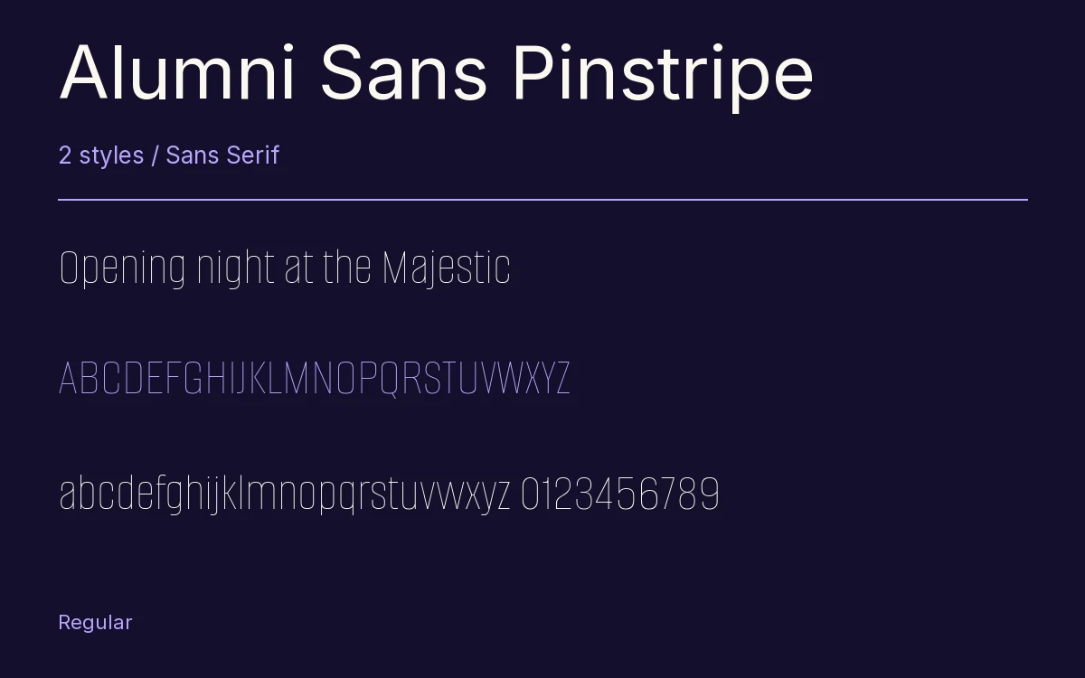 Alumni Sans Pinstripe type specimen with letters and figures
