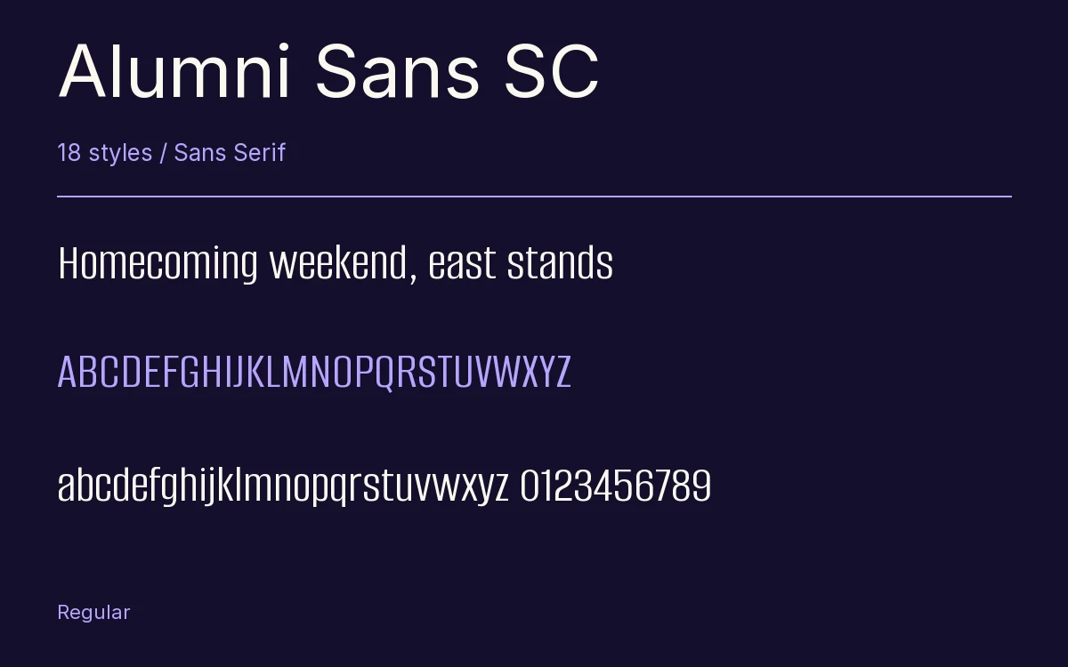 Alumni Sans SC type specimen with letters and figures