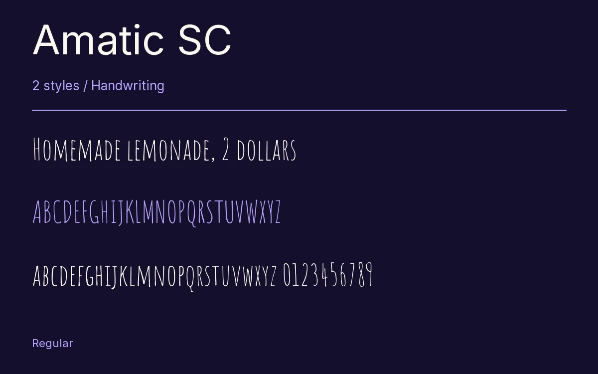 Amatic SC type specimen with letters and figures