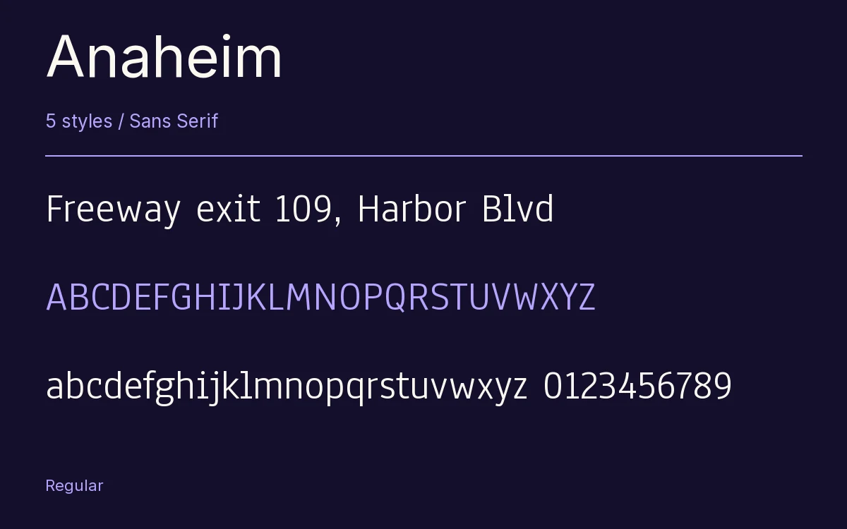 Anaheim type specimen with letters and figures