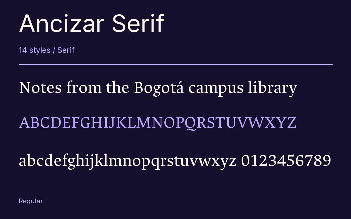 Ancizar Serif type specimen with letters and figures