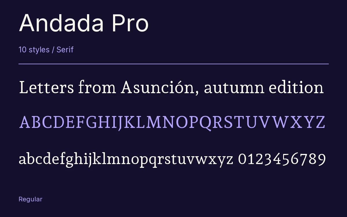 Andada Pro type specimen with letters and figures