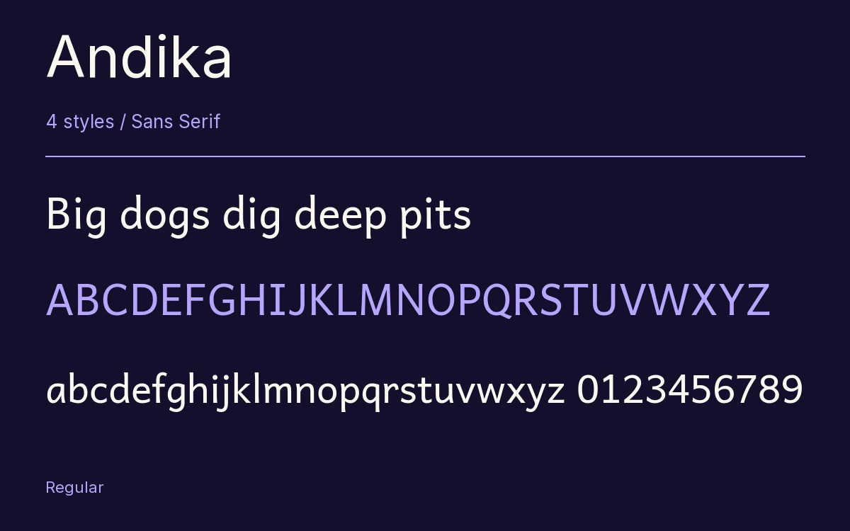 Andika type specimen with letters and figures