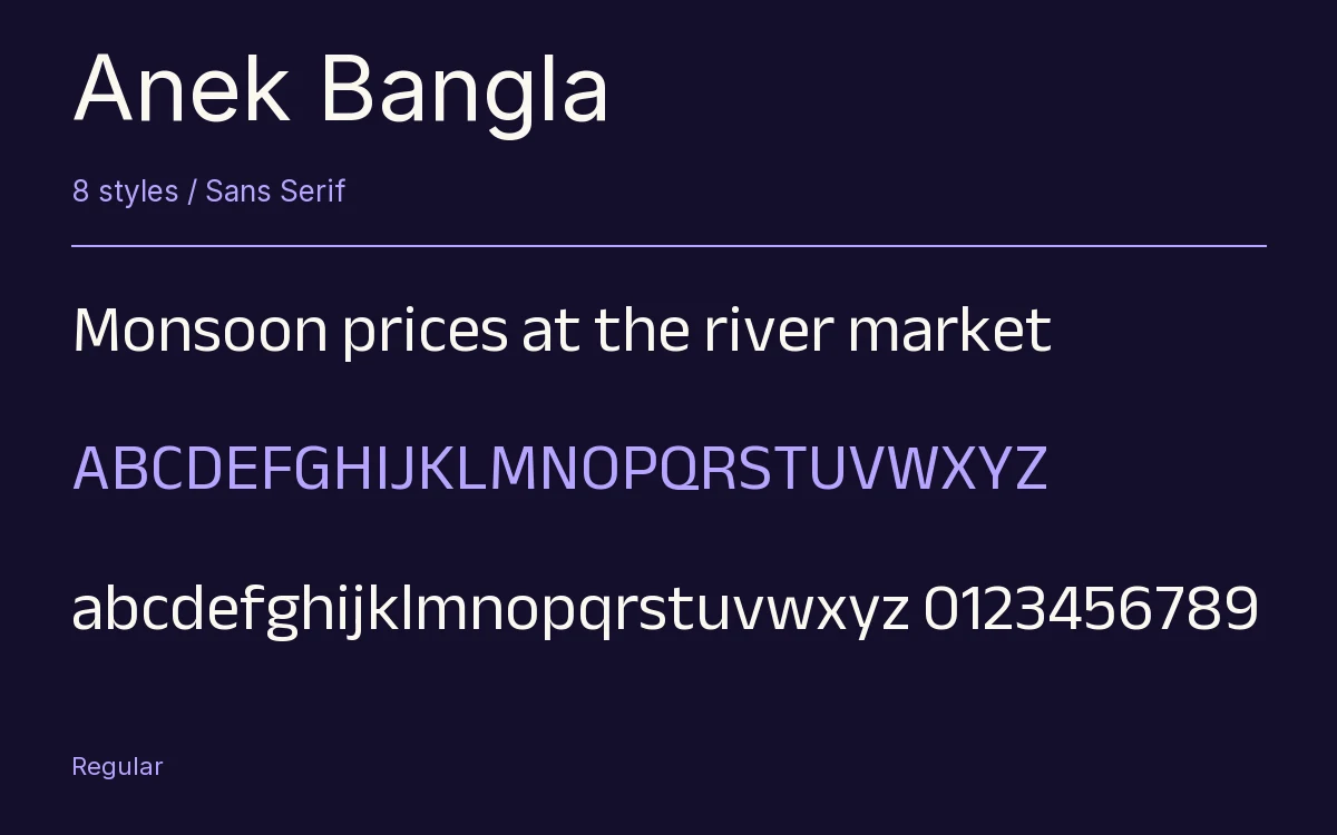 Anek Bangla type specimen with letters and figures