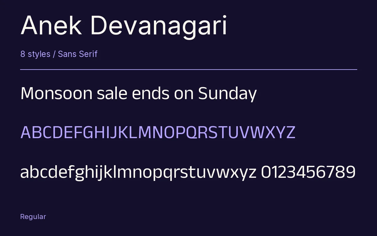 Anek Devanagari type specimen with letters and figures