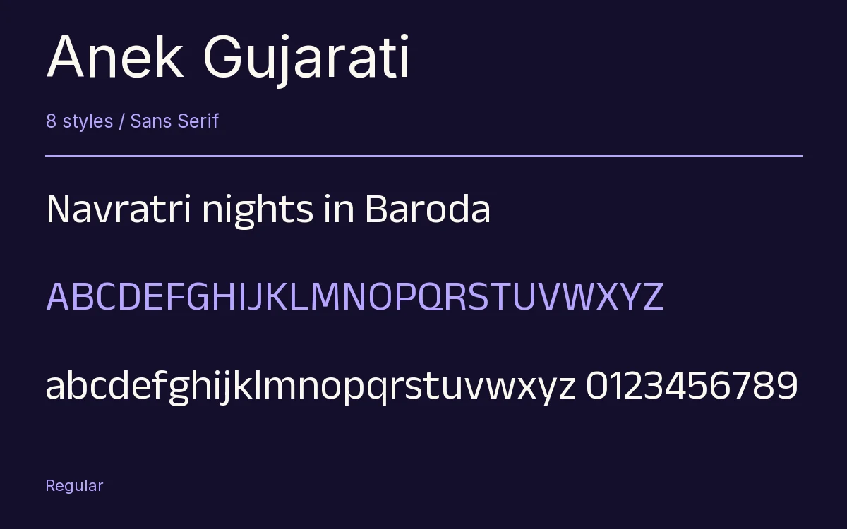 Anek Gujarati type specimen with letters and figures