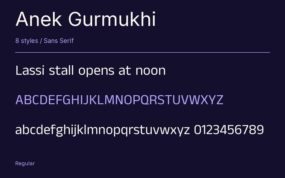 Anek Gurmukhi type specimen with letters and figures