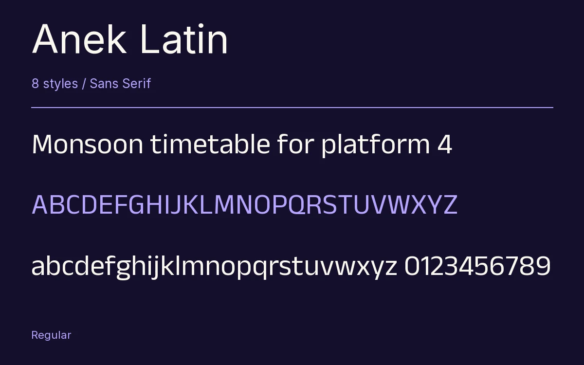 Anek Latin type specimen with letters and figures