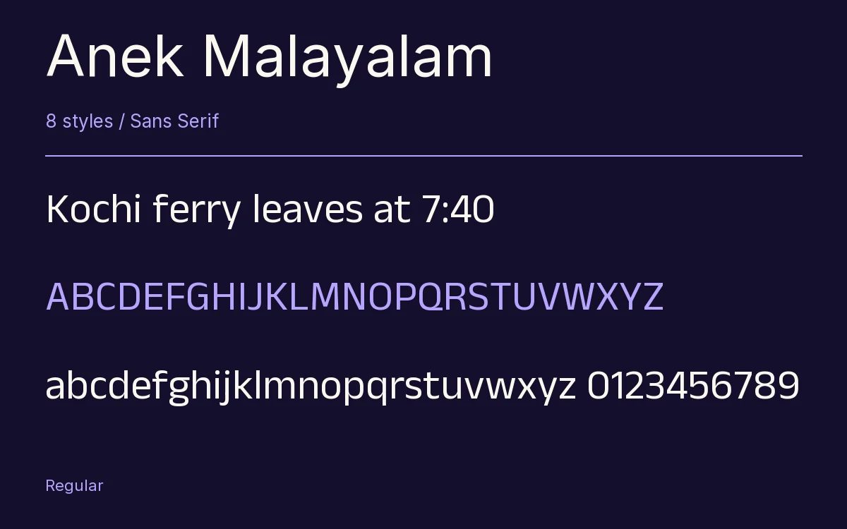 Anek Malayalam type specimen with letters and figures
