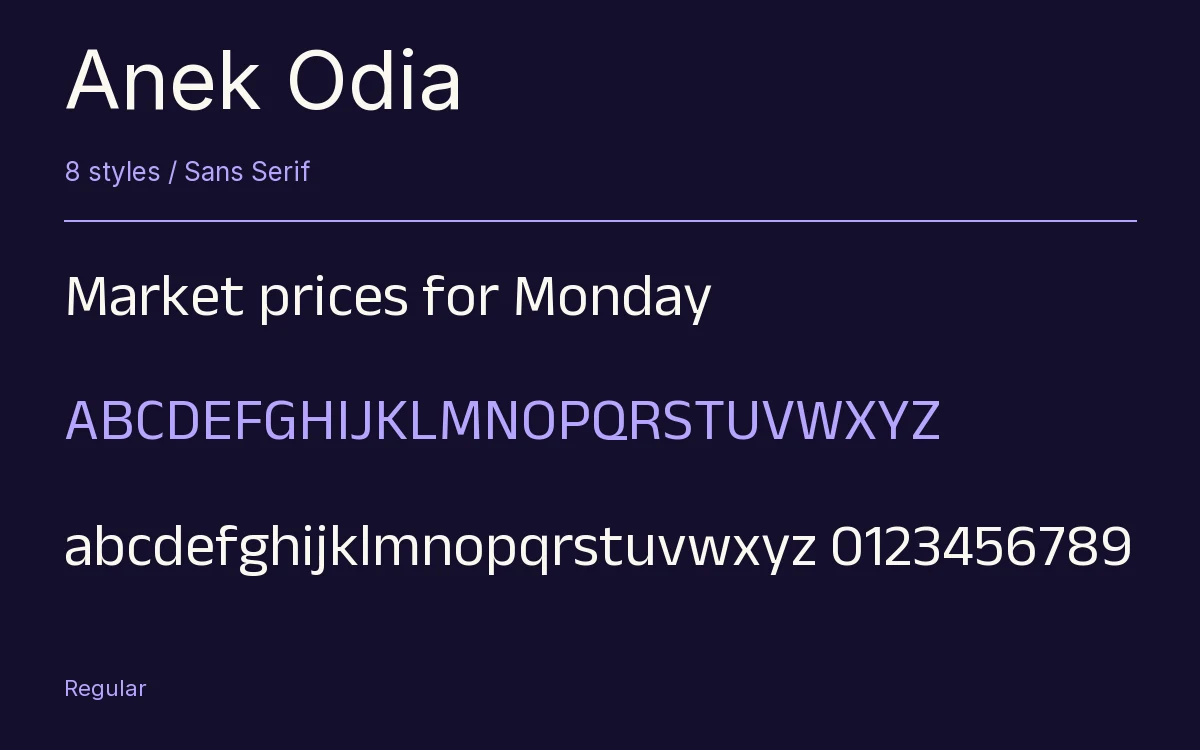 Anek Odia type specimen with letters and figures