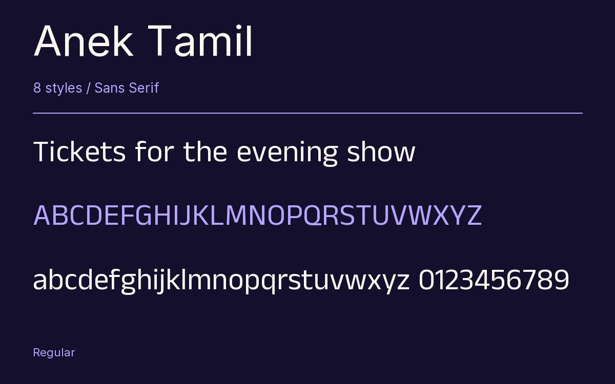 Anek Tamil type specimen with letters and figures