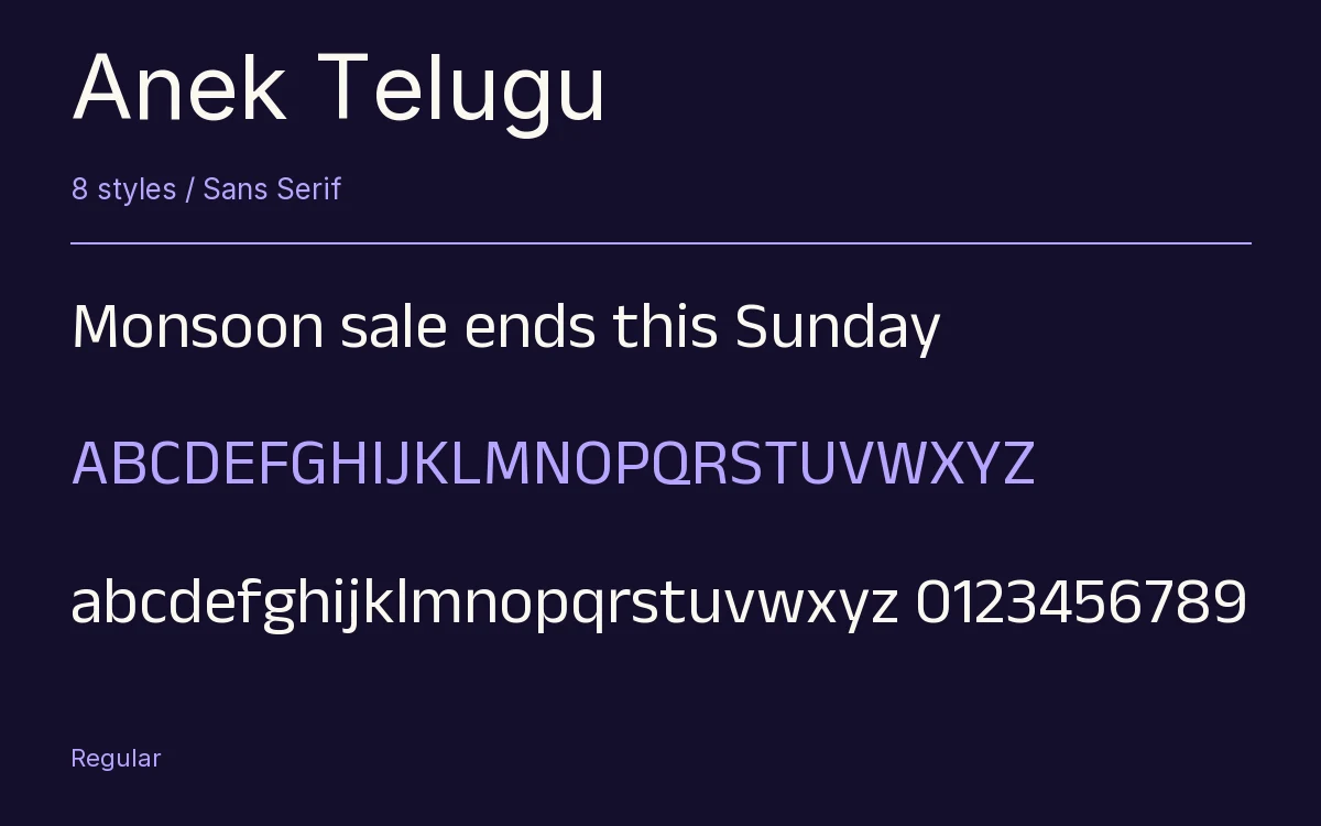 Anek Telugu type specimen with letters and figures