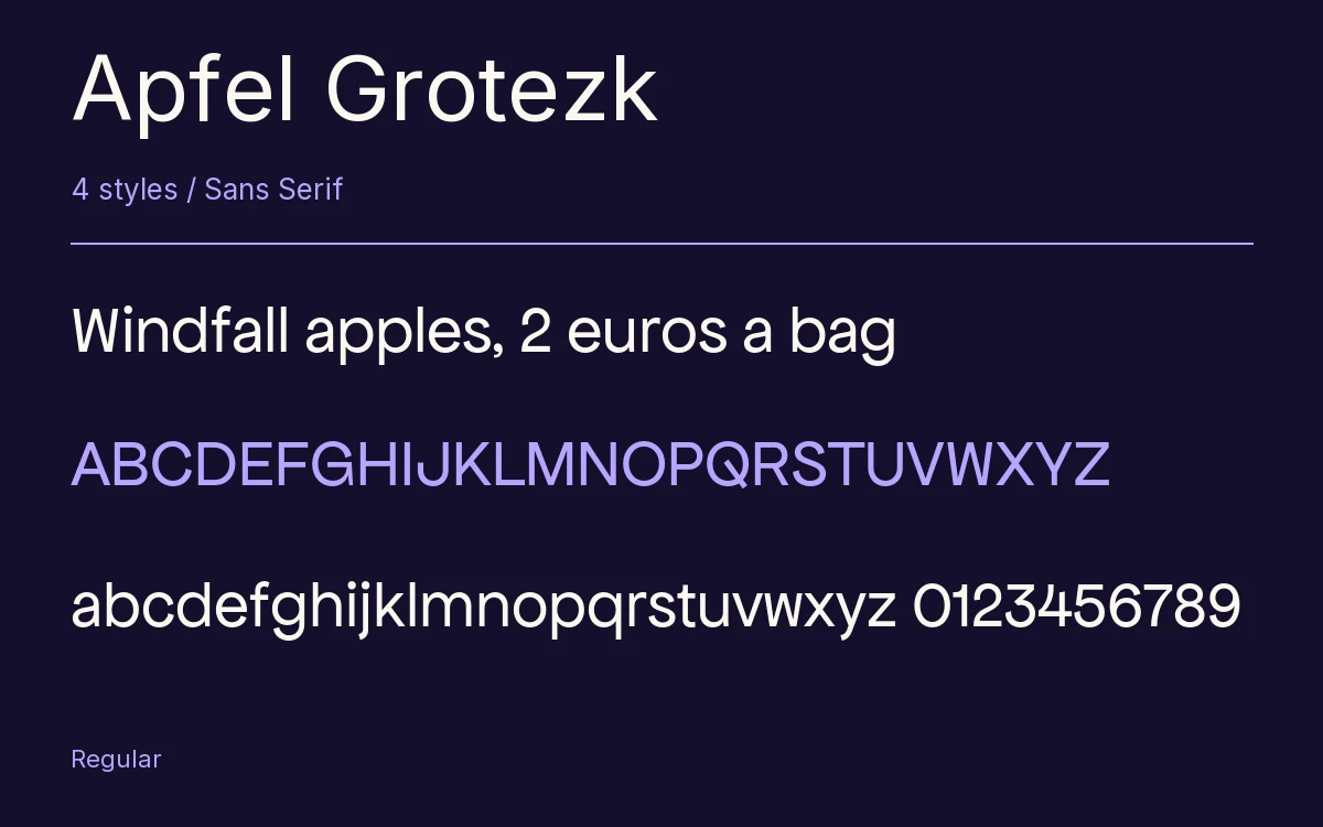 Apfel Grotezk type specimen with letters and figures