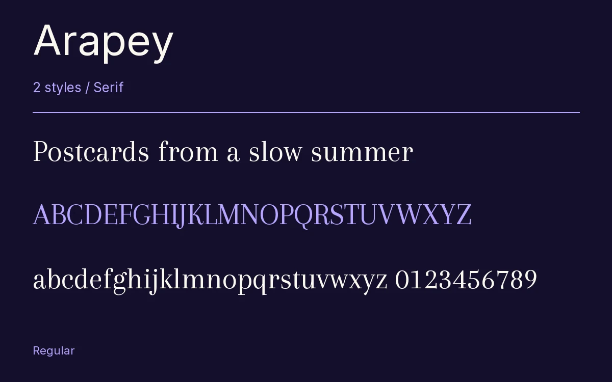 Arapey type specimen with letters and figures