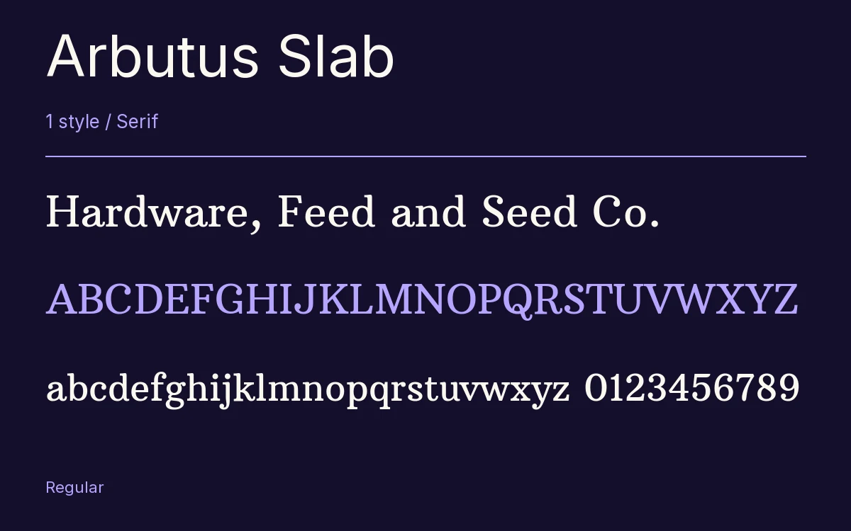 Arbutus Slab type specimen with letters and figures