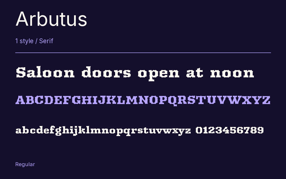 Arbutus type specimen with letters and figures
