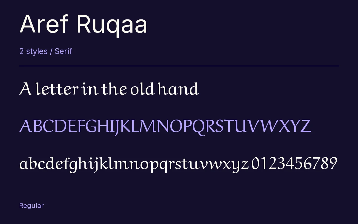 Aref Ruqaa type specimen with letters and figures