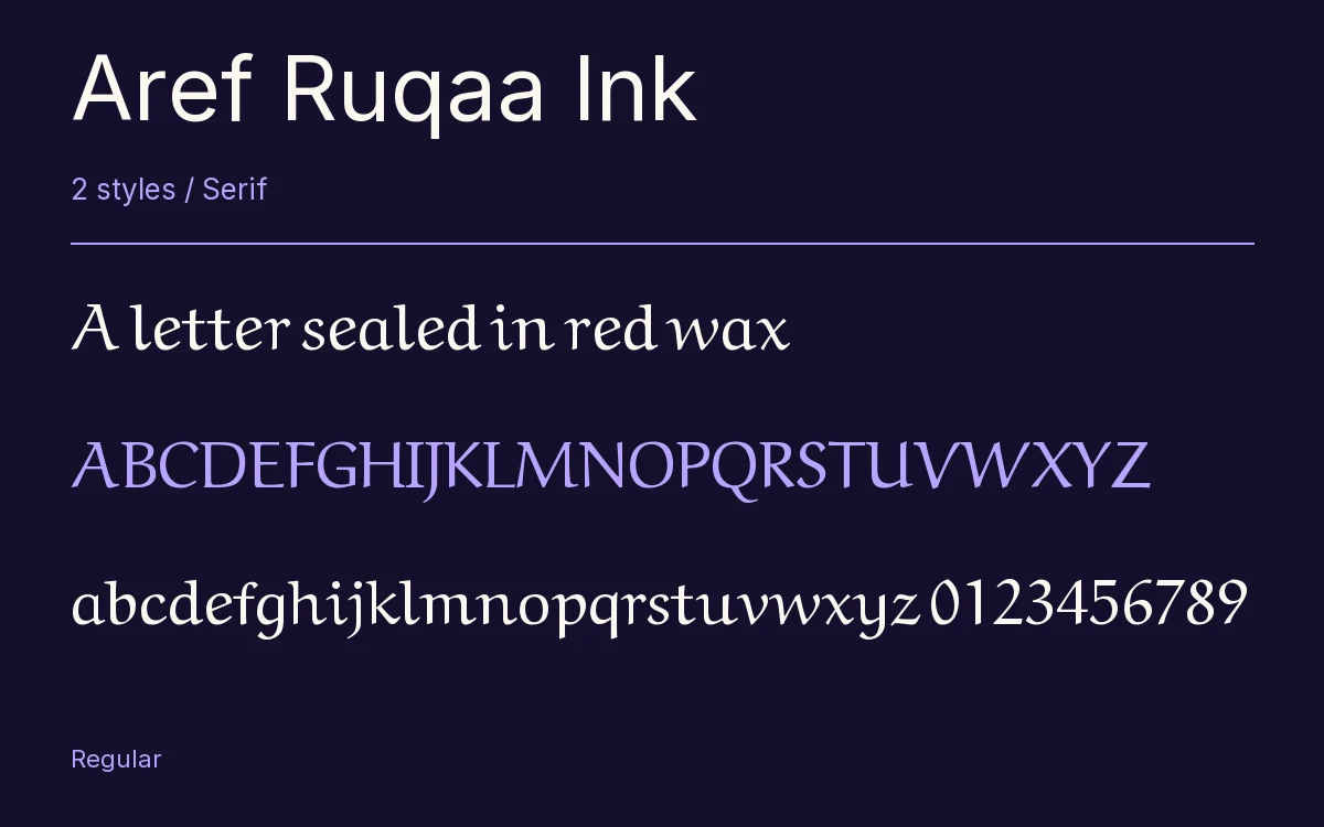Aref Ruqaa Ink type specimen with letters and figures