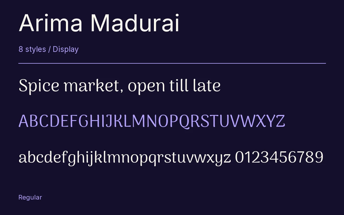 Arima Madurai type specimen with letters and figures