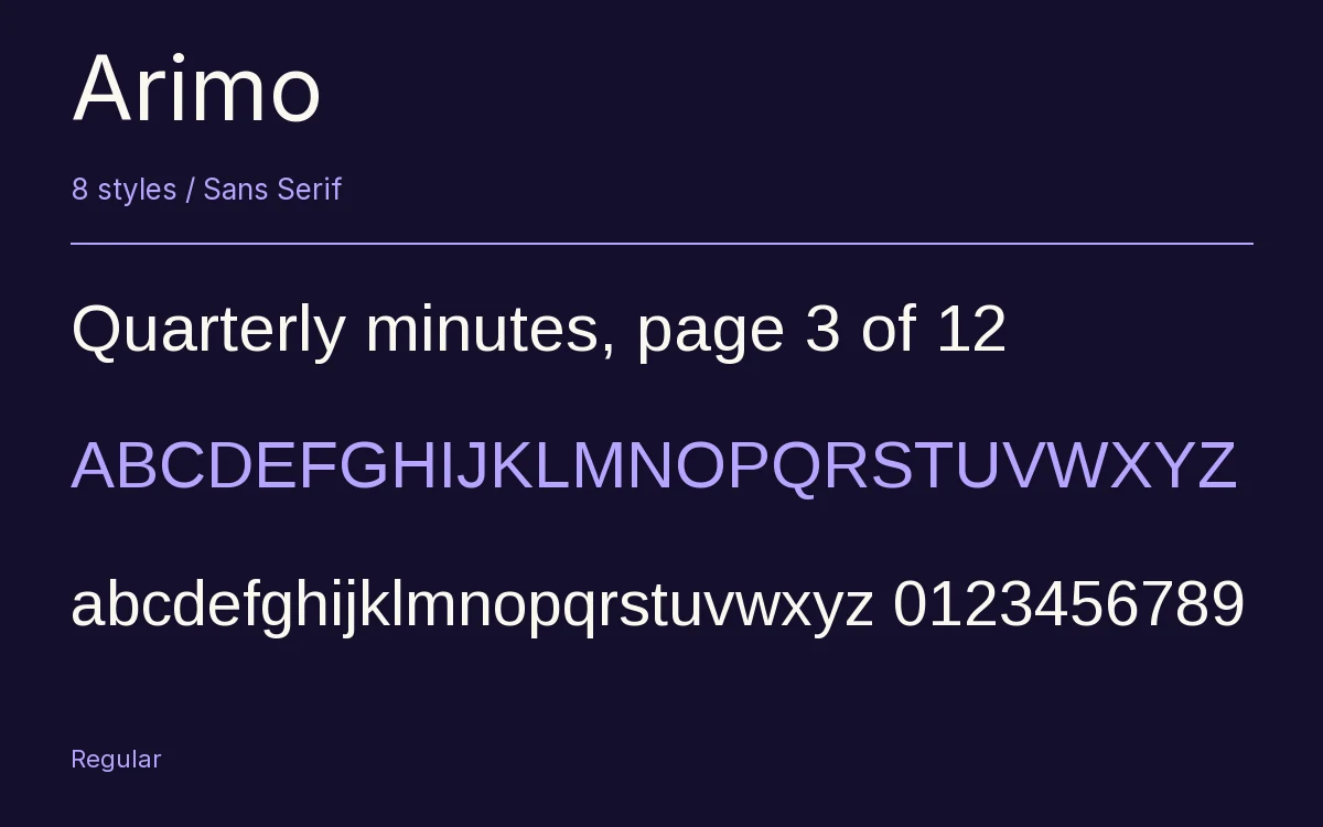 Arimo type specimen with letters and figures