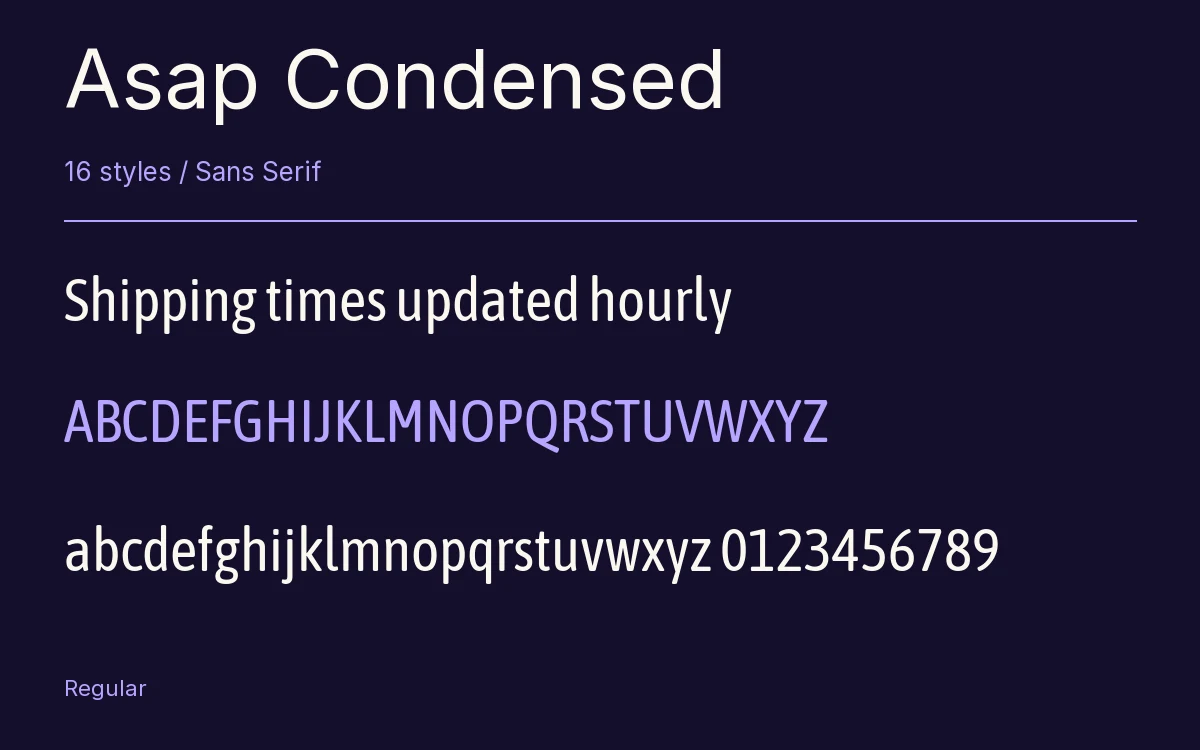 Asap Condensed type specimen with letters and figures
