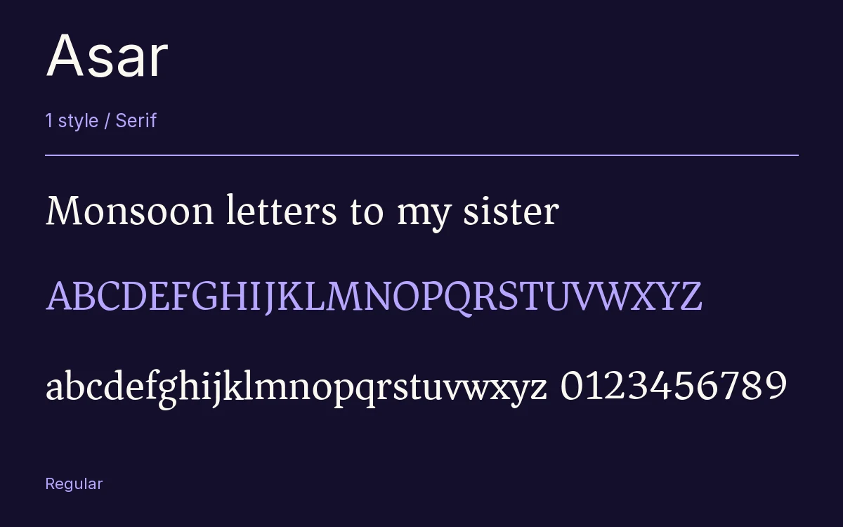 Asar type specimen with letters and figures
