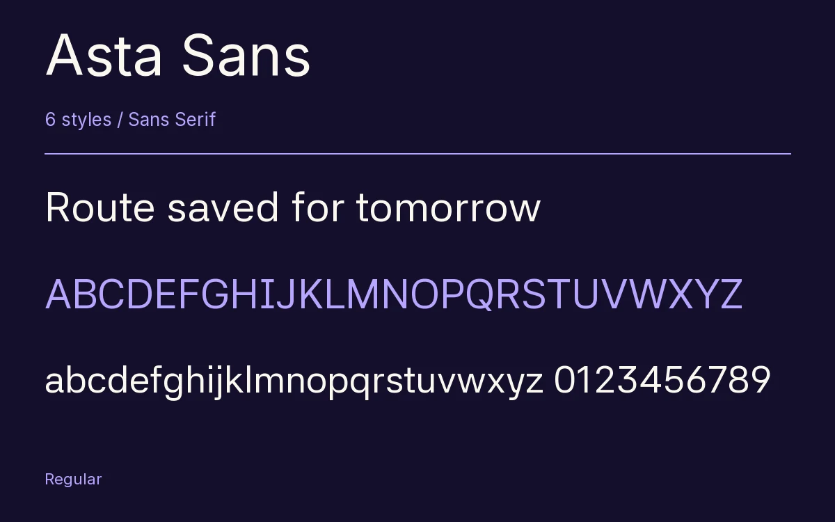 Asta Sans type specimen with letters and figures