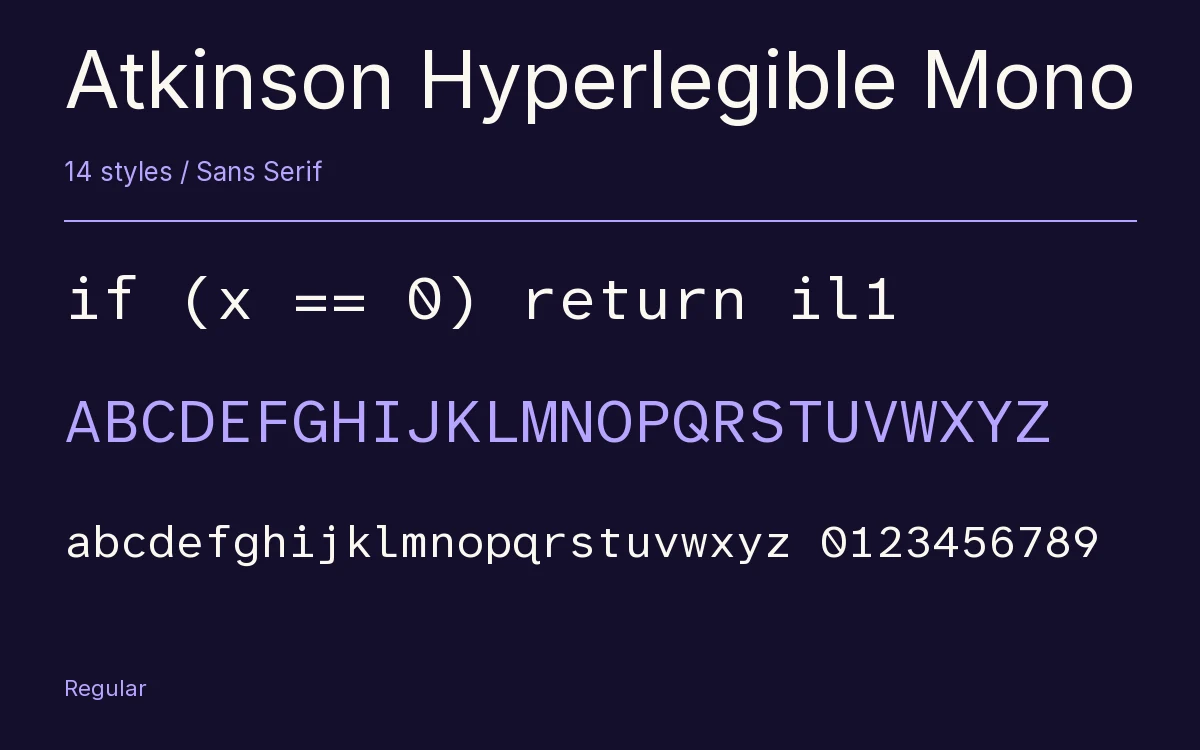 Atkinson Hyperlegible Mono type specimen with letters and figures