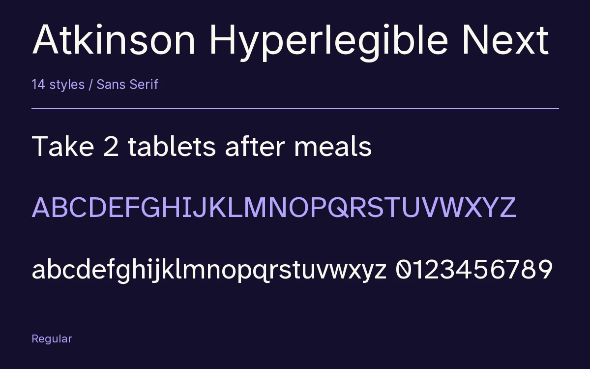 Atkinson Hyperlegible Next type specimen with letters and figures