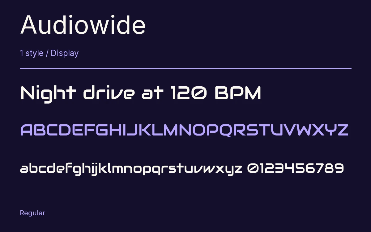 Audiowide type specimen with letters and figures