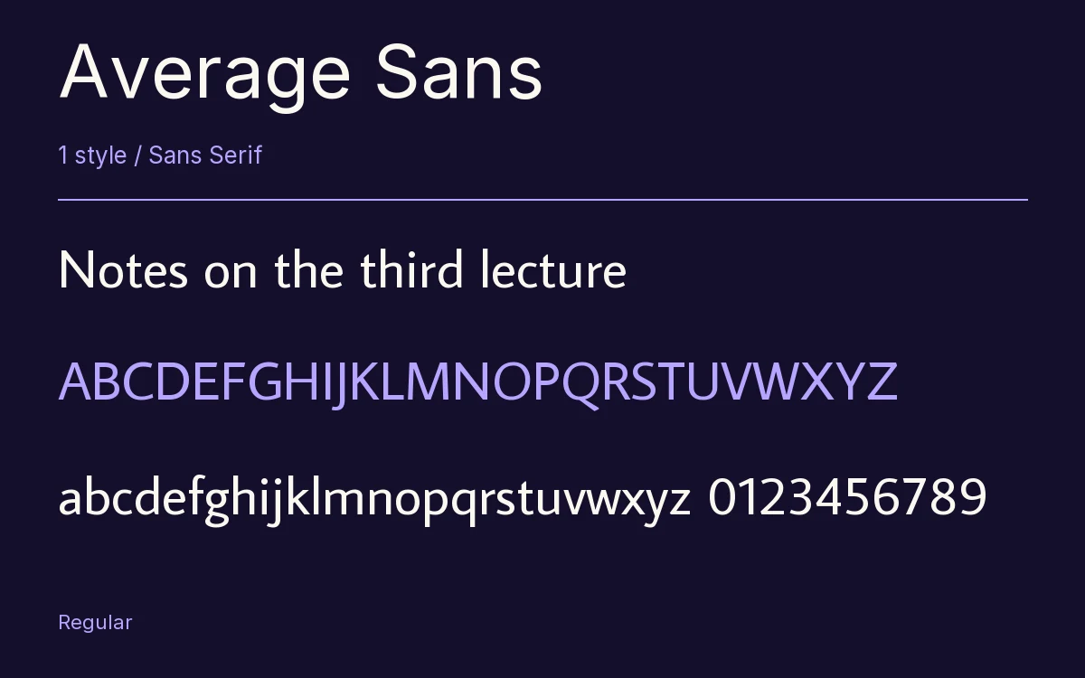 Average Sans type specimen with letters and figures